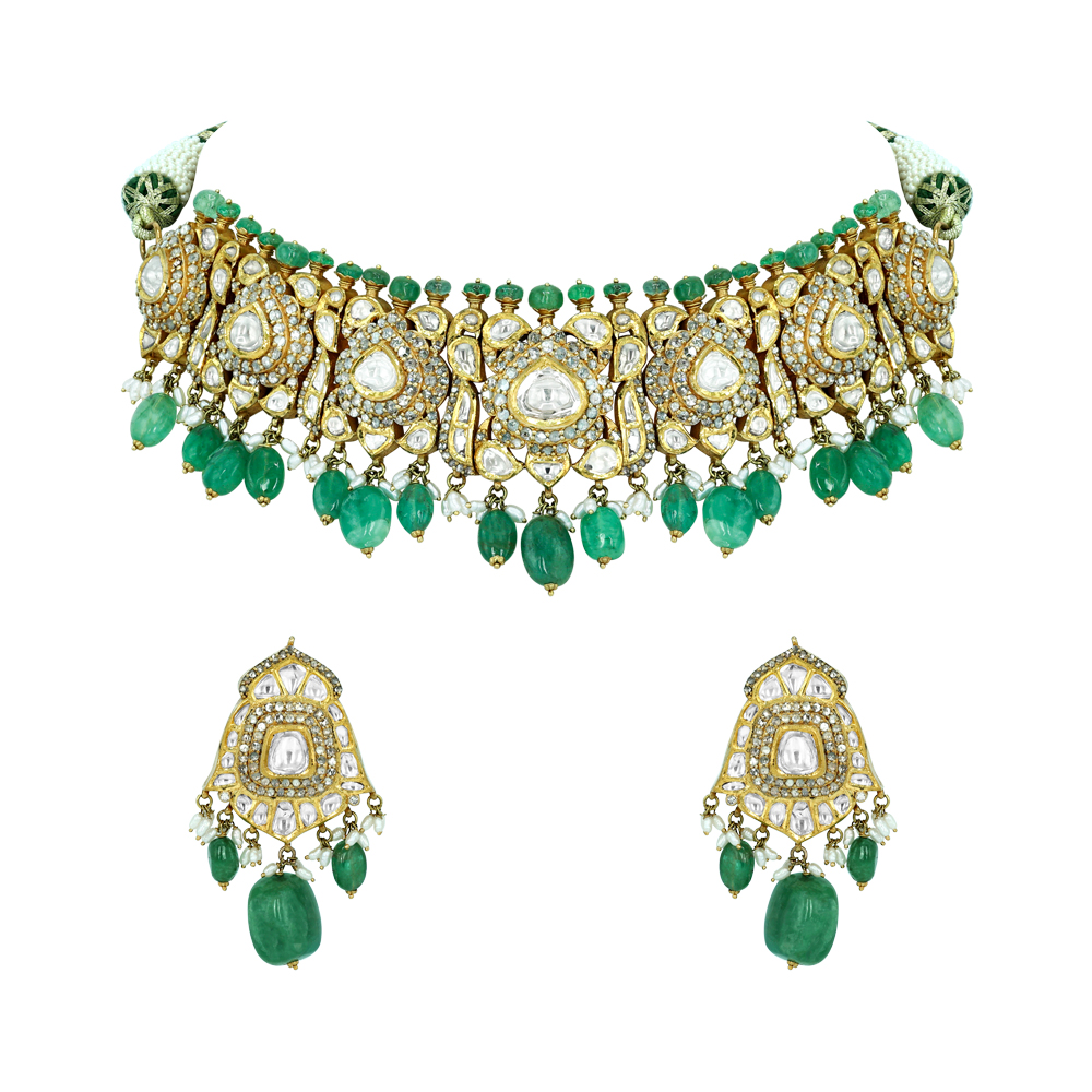 Victorian Rose-Cut Diamond Choker Set with Emerald Beads